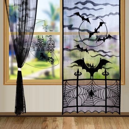 OurWarm Halloween Bat Spider Curtains for Black Doorway Decoration Sheer Lace Window Drapes Party Festival Supplies Home Decor