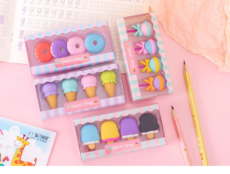 4pcs Yummy Icecream Erasers Set Mini Lollipop Dessert Popsicle Donuts Rubber Pencil Eraser for Kids Gift School Student Award