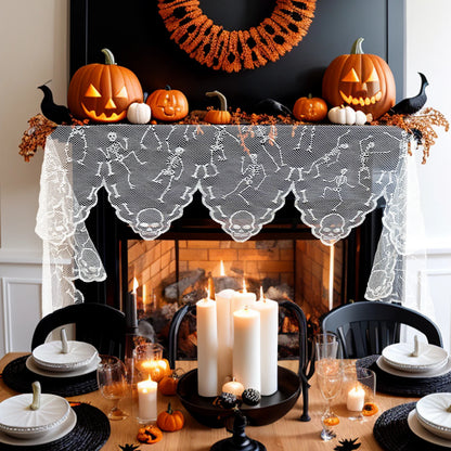 Ourwarm Halloween Party Black Lace Spiderweb Fireplace Mantle Scarf Table Cloth Horror Props Halloween Party Favor Decoration 1pc Skeleton White China