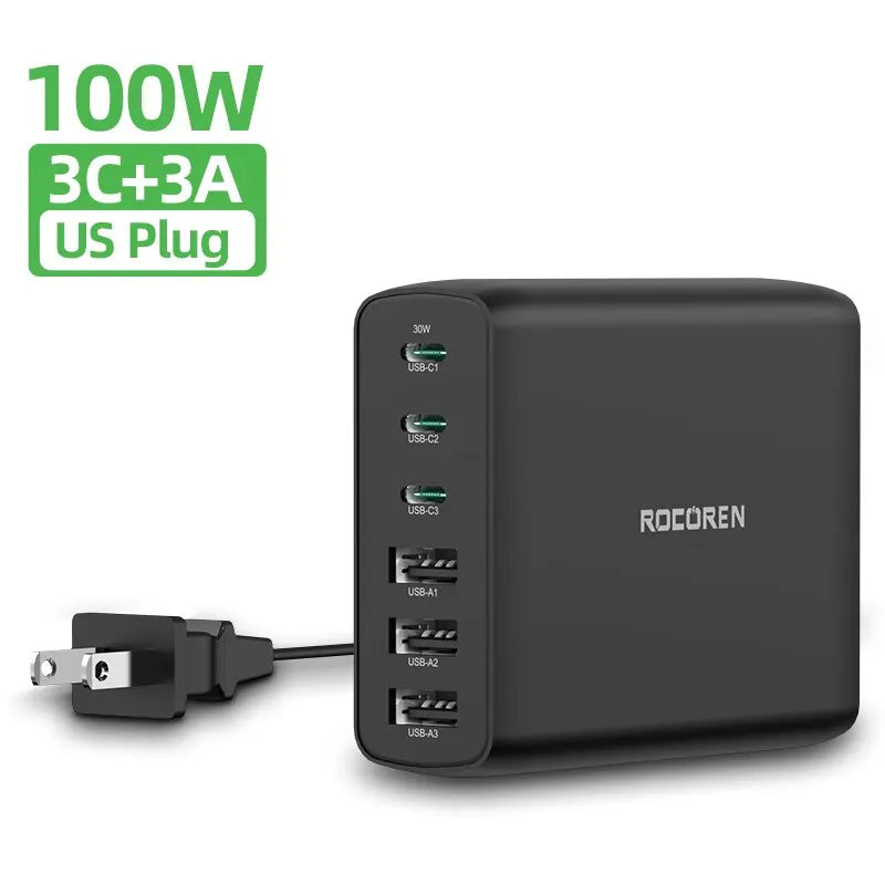 Rocoren 100W USB Charger Type C PD Fast Charging Multiple 6 Ports Desktop Charger Station For iPhone 14 13 Pro Xiaomi POCO US Plug