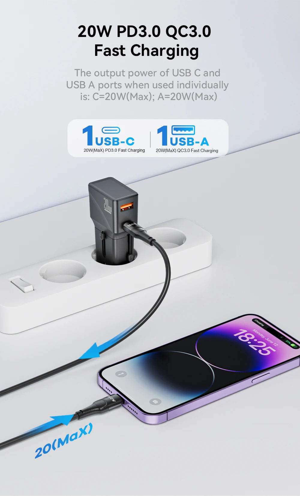 ASOMETECH 20W USB C Charger International Universal Travel Adapter Type C US EU UK AU Plug PD Fast Charger For iPhone Samsung