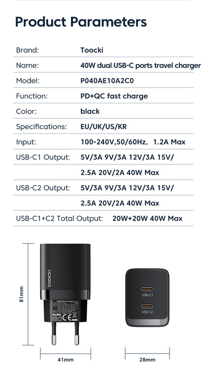 Toocki GaN USB Charger 40W PD USB Type C Charger For Xiaomi 12 iPhone 13 14 Pro Realme QC3.0 Type C Fast Charging