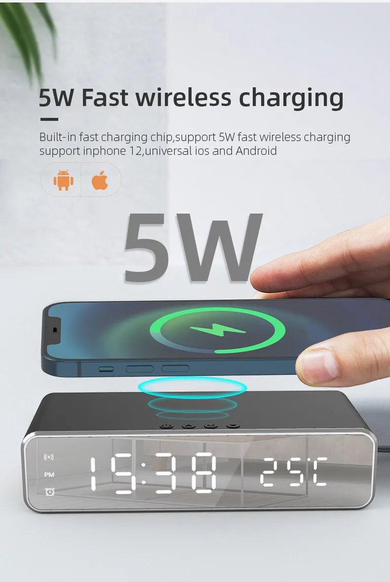 Wireless Charger Time Alarm Clock LED Digital Thermometer Earphone Phone Chargers Fast Charging Dock Station for iPhone Samsung