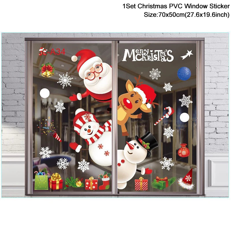 1Set Santa Claus Snowman Elk Window Stickers Snowflake Electrostatic Wall Sticker 2024 Christmas Decoration For Home New Year set13