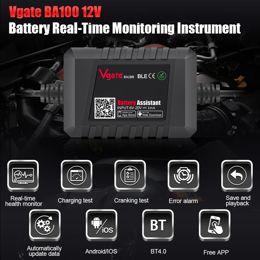 New Vgate BA100 Car Battery Tester Battery Assistant BlueTooth 4.0 Wireless Diagnositic Analyzer Monitor for Android & iOS