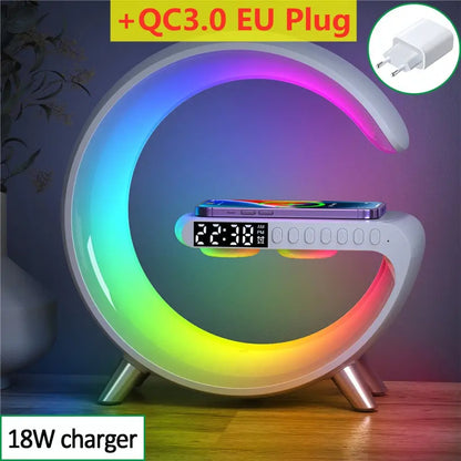 Multifunctional Wireless Charger Stand Alarm Clock Speaker APP RGB Light Fast Charging Station for iPhone X 11 12 13 14 Samsung white with EU plug