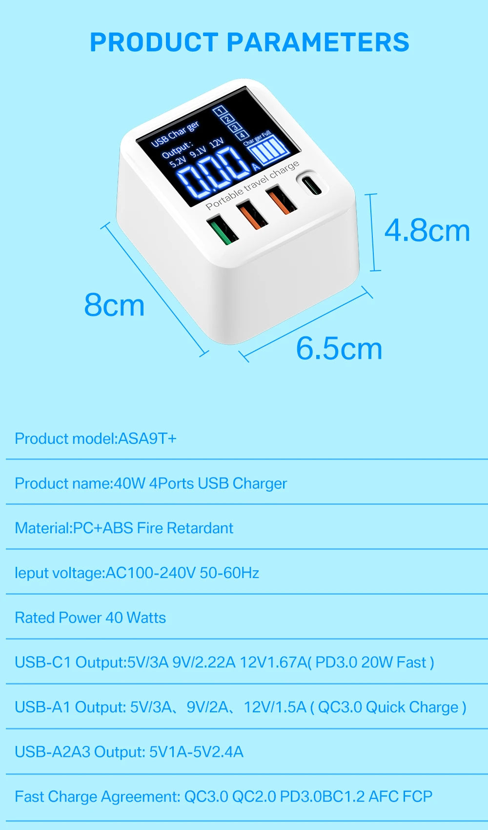 ASOMETECH 40W USB Wall Charger 4 Port With LED Display QC3.0 PD3.0 USB Fast Charger For iPhone 14 Huawei Xiaomi Samsung