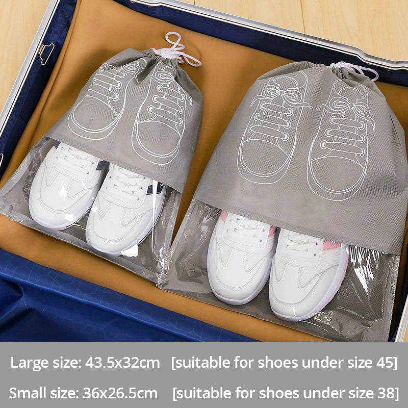 5pcs/set Shoe Storage Bag With Thickened Non-woven Fabric Strap Mouth Large Capacity Travel Waterproof Shoe Bag Moistureproof Grey 5pcs