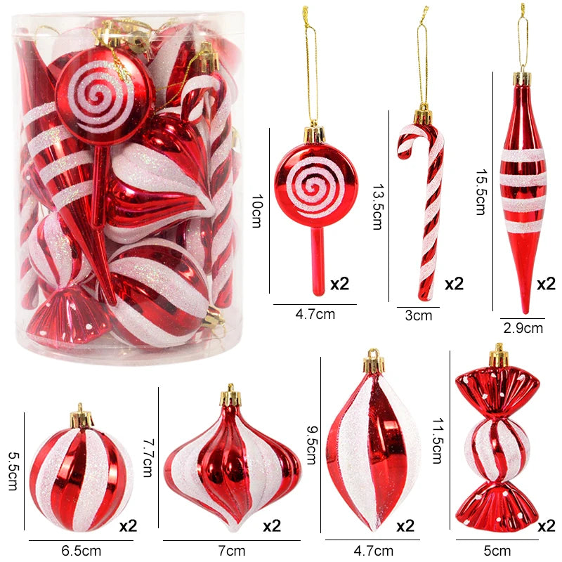 14Pcs/box Christmas Candy Cane Red Ball Ornaments Xmas Tree Hanging Pendants Navidad New Year Home Decorations 2024 Natal Gift 14pcs