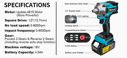 1000N.M Brushless Electric Impact Wrench Cordless Electric Wrench 1/2 inch Screwdriver Socket Power Tools for Makita 18V Battery