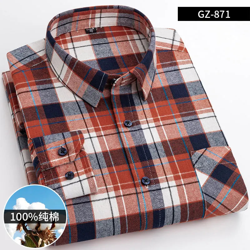 Long Sleeve Regular Fit Home New Spring Autumn 100% Cotton Plaid Mens Shirts Casual for Man Clothes Plus Size 871