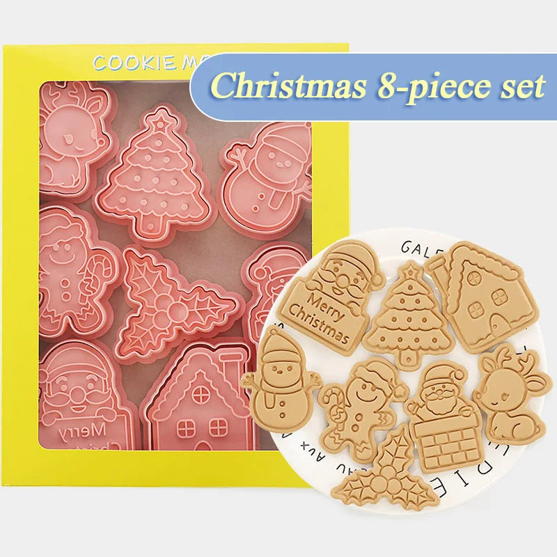 8Pcs 3D Christmas Cookie Cutters Biscuit Mold Santa Snowman Tree Elk Cookie Mould Stamp Xmas New Year Party Decor Baking Tools A