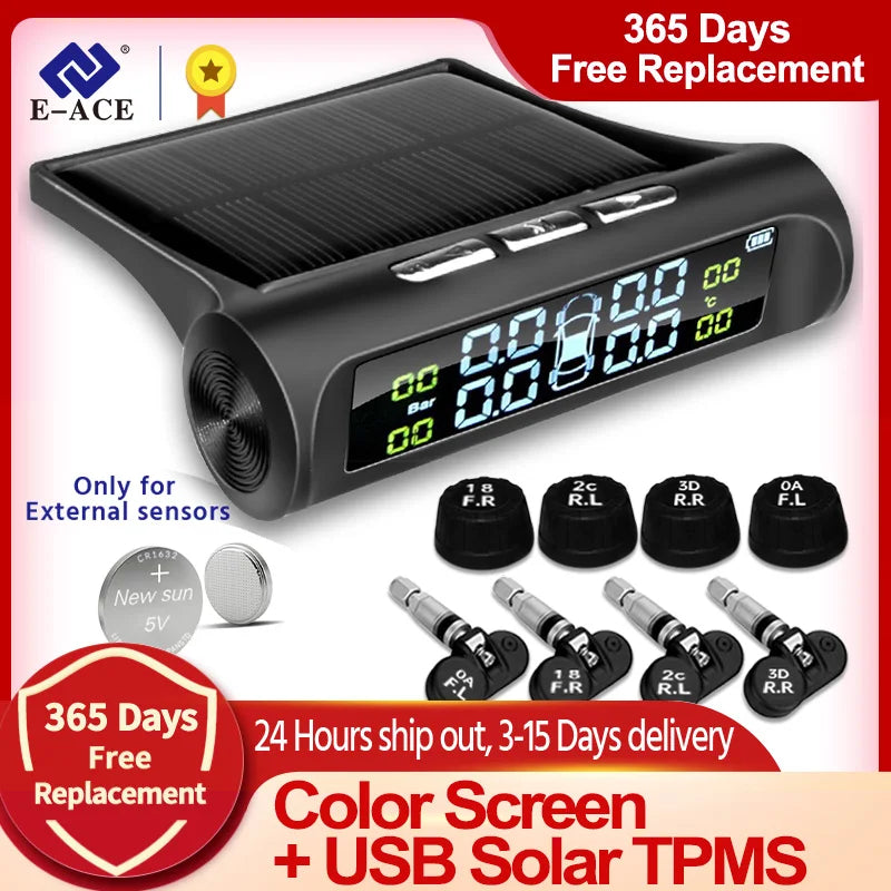 Solar Power TPMS Car Tire Pressure Alarm Monitor System Auto Security Alarm Systems Tyre Pressure Temperature Warning