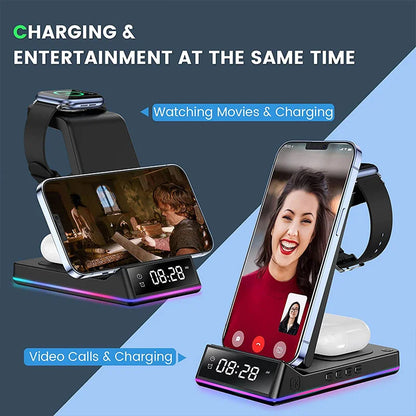 5 In 1 15W Foldable Wireless Charger Stand RGB LED Clock Fast Charging Station Dock for iPhone Samsung Galaxy Watch 5/4 S22 S21