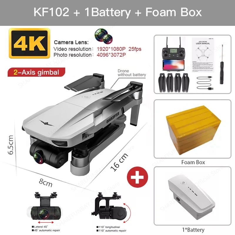 New KF102 MAX Drone 4K Brushless With Professional HD Camera 2-Axis GPS Fpv RC Quadcopter Helicopters Drones Toys For Boys KF102 1B Foam Box CHINA