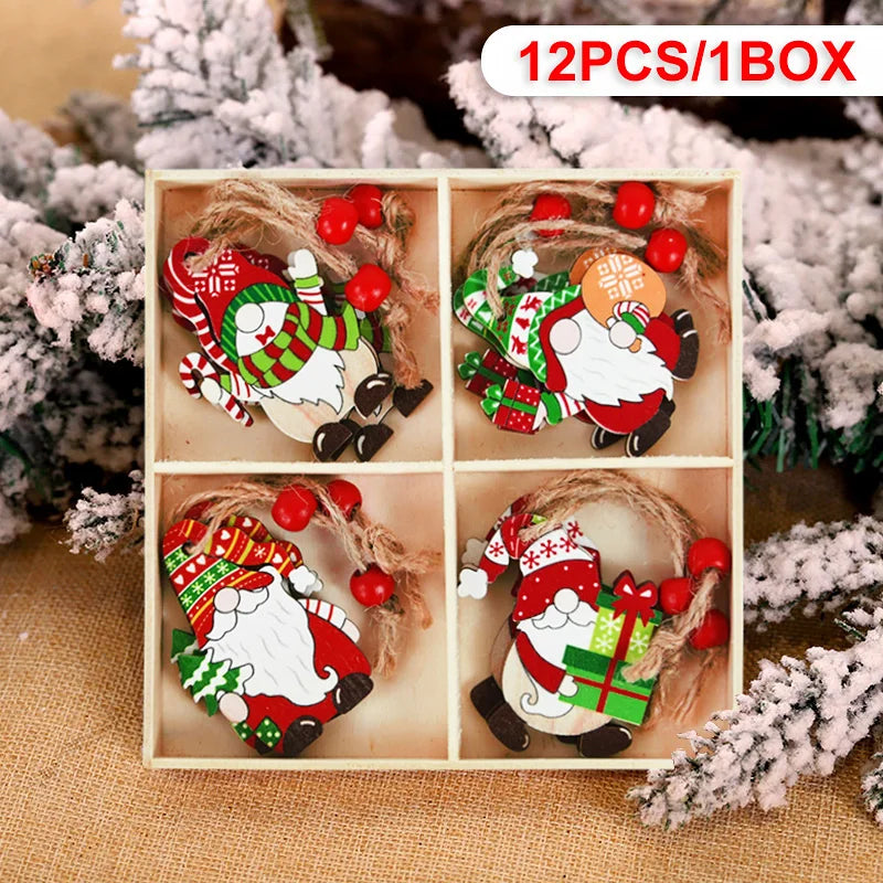 Wooden Christmas Pendant Merry Christmas Decoration for Home 2023 Navidad Xmas Tree Hanging Ornaments Kids Gifts New Year 2024 12pcs-M