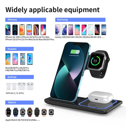 3 In 1 Wireless Charger Stand Pad Foldable 15W Fast Charging Dock Station For iPhone 15 14 13 12 Pro Max Apple Watch 8 7 Airpods