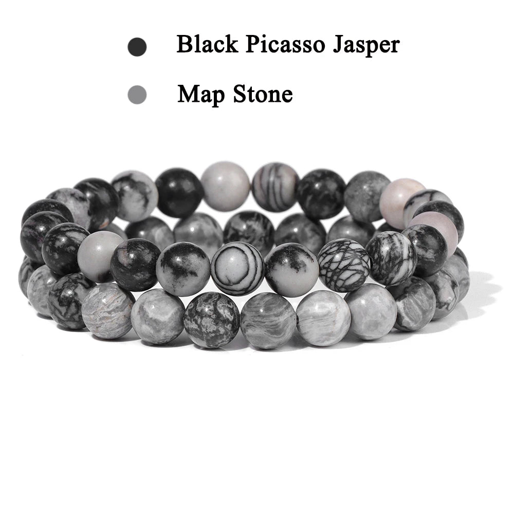 Set Bracelet Couples Distance Black White Natural Lava Stone Tiger Eye Beaded Yoga Bracelets for Men Women Elastic Rope Jewelry No.27