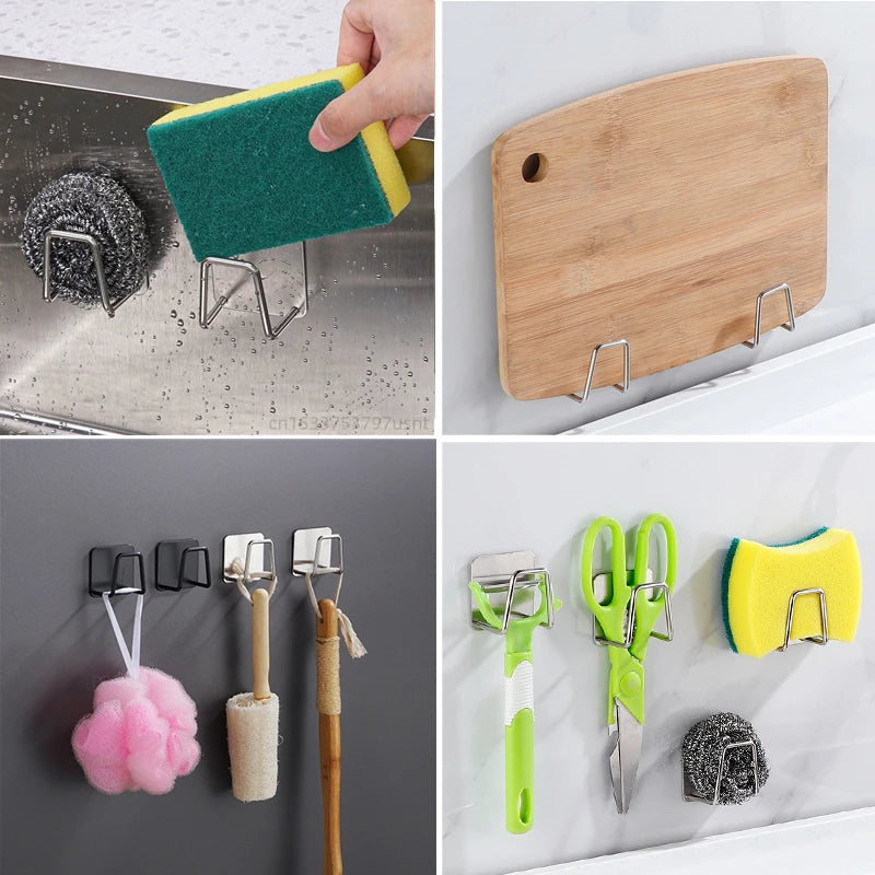 Kitchen Stainless Steel Sink Sponges Holder Self Adhesive Drain Drying Rack Kitchen Wall Hooks Accessories Storage Organizer