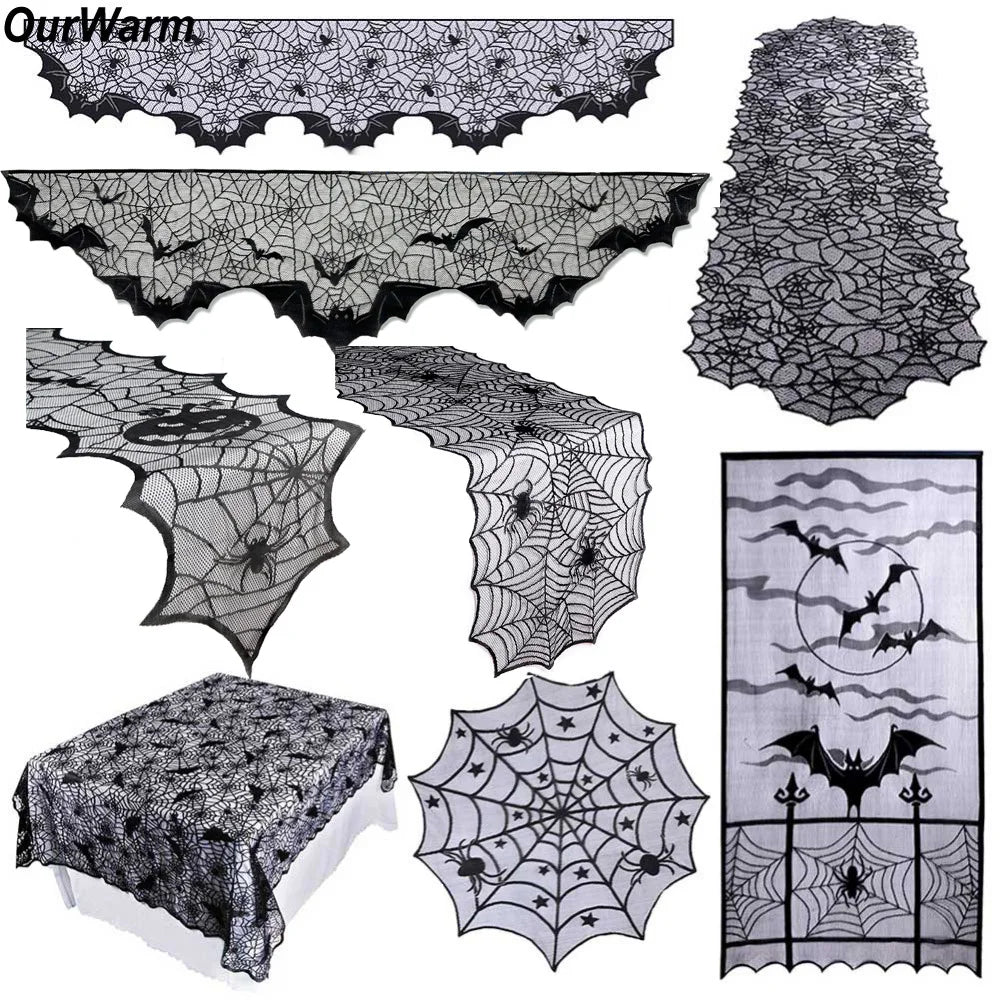 Ourwarm Halloween Party Black Lace Spiderweb Fireplace Mantle Scarf Table Cloth Horror Props Halloween Party Favor Decoration