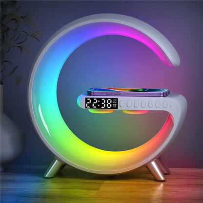 Wireless Charger Stand Alarm Clock Bluetooth Speaker LED Lamp RGB Night Light Fast Charging Station for iPhone Samsung Xiaomi White