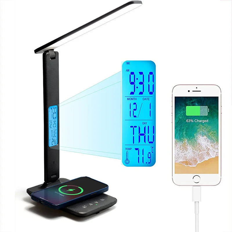 Wireless Charger Pad LED Desk Lamp Temperature Alarm Clock Eye Protect Study Business Light Table Lamp 10W Fast Charging Station