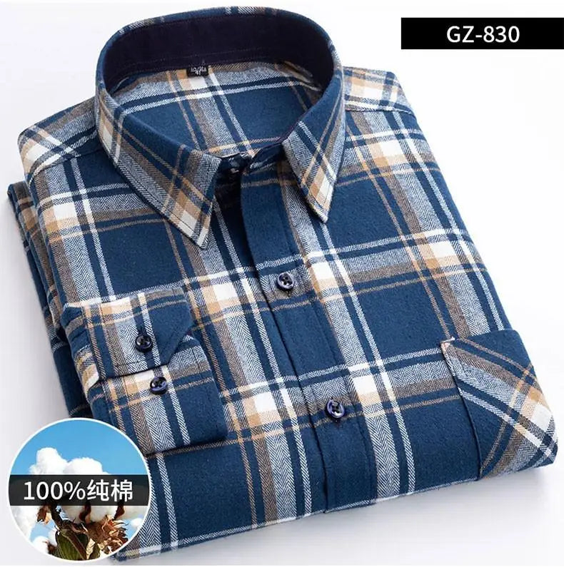 Long Sleeve Regular Fit Home New Spring Autumn 100% Cotton Plaid Mens Shirts Casual for Man Clothes Plus Size 830