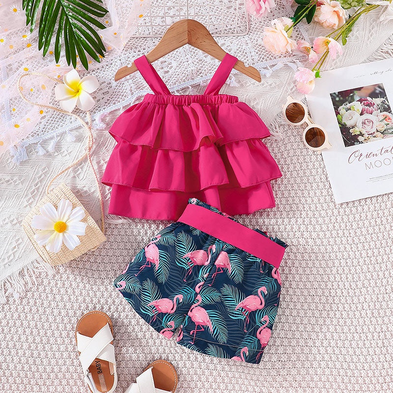 Baby Clothes Set 6Months - 3Years old Sleeveless Croptop and Cartoon Flamingo Shorts Outfit Clothing Suit For Kids Newborn Girl