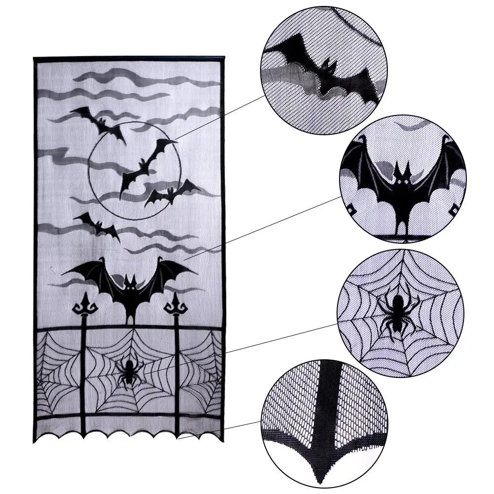 OurWarm Halloween Bat Spider Curtains for Black Doorway Decoration Sheer Lace Window Drapes Party Festival Supplies Home Decor