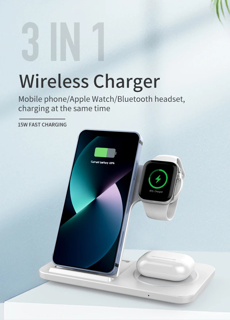 3 in 1 Wireless Charger Stand Pad For iPhone 15 14 13 12 X Max Foldable Fast Charging Station Dock For IWatch 8 7 SE AirPods Pro