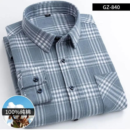 Long Sleeve Regular Fit Home New Spring Autumn 100% Cotton Plaid Mens Shirts Casual for Man Clothes Plus Size 840