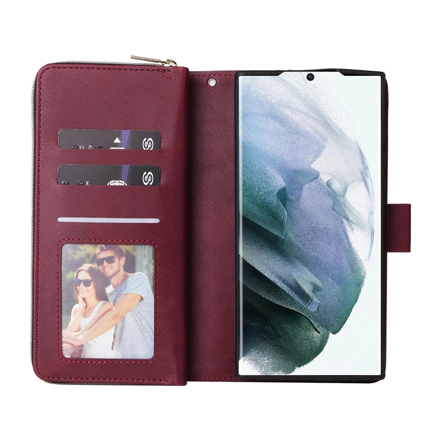 Wallet Luxury 9-Card Leather Case For Samsung Galaxy S23 Ultra S22 Ultra S21 Plus S20 FE S10 Lite S9 S8 Note 20 Ultra 10 Lite