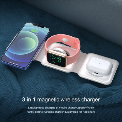 3 In 1 Magnetic Wireless Charger Pad Stand Foldable for iPhone 15 14 13 12 11 Apple Watch AirPods 15W Fast Charging Dock Station