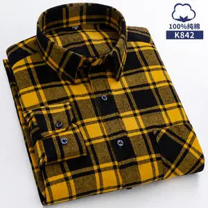 Long Sleeve Regular Fit Home New Spring Autumn 100% Cotton Plaid Mens Shirts Casual for Man Clothes Plus Size 842