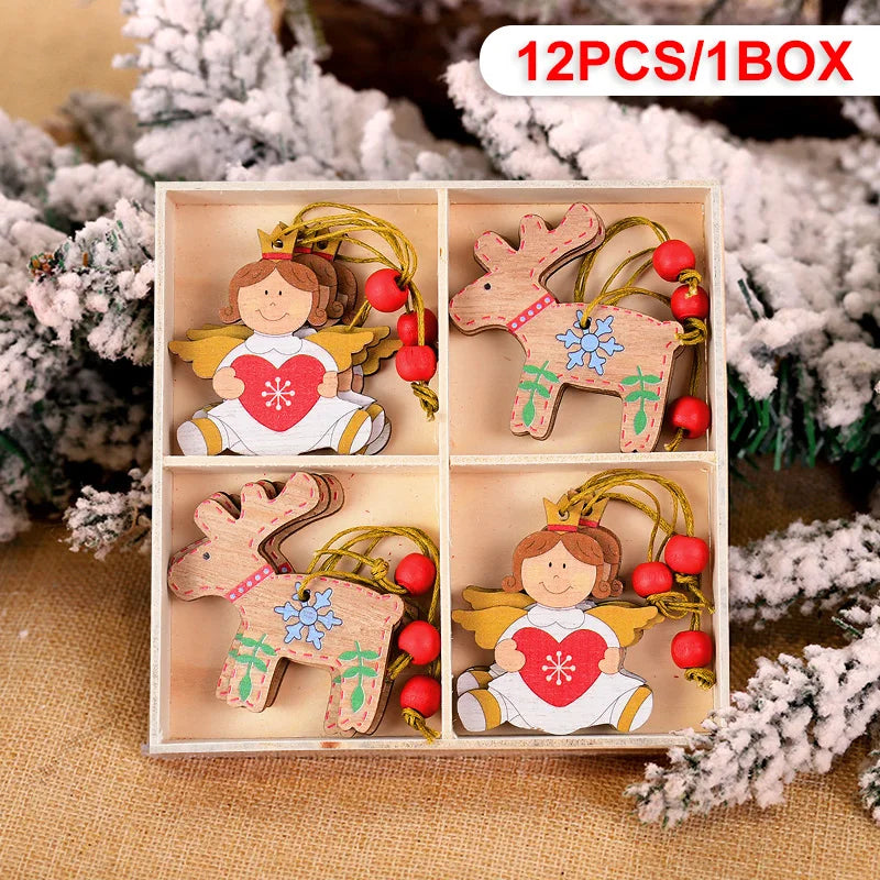 Wooden Christmas Pendant Merry Christmas Decoration for Home 2023 Navidad Xmas Tree Hanging Ornaments Kids Gifts New Year 2024 12pcs-T