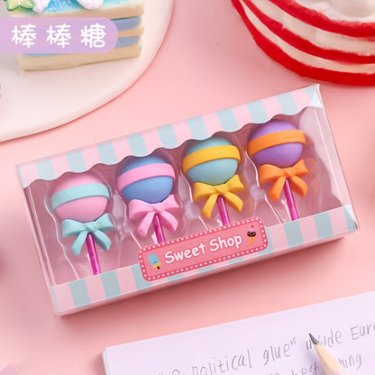 4pcs Yummy Icecream Erasers Set Mini Lollipop Dessert Popsicle Donuts Rubber Pencil Eraser for Kids Gift School Student Award B