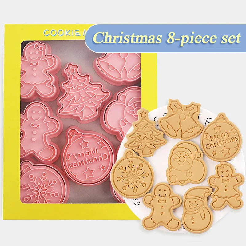 8Pcs 3D Christmas Cookie Cutters Biscuit Mold Santa Snowman Tree Elk Cookie Mould Stamp Xmas New Year Party Decor Baking Tools D