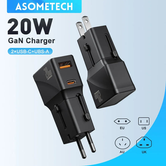 ASOMETECH 20W USB C Charger International Universal Travel Adapter Type C US EU UK AU Plug PD Fast Charger For iPhone Samsung