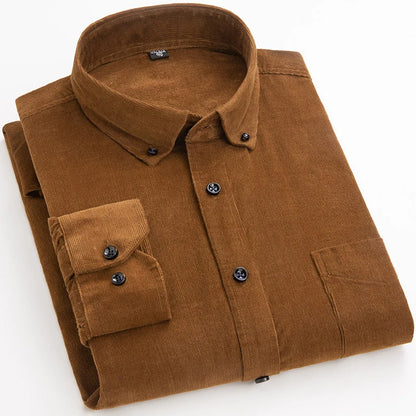 Cotton Corduroy Shirt Long Sleeve Winter Regular Fit Mens Casual Shirt Warm S~6xl Solid Men's Shirts with Pokets Autumn Quality G702