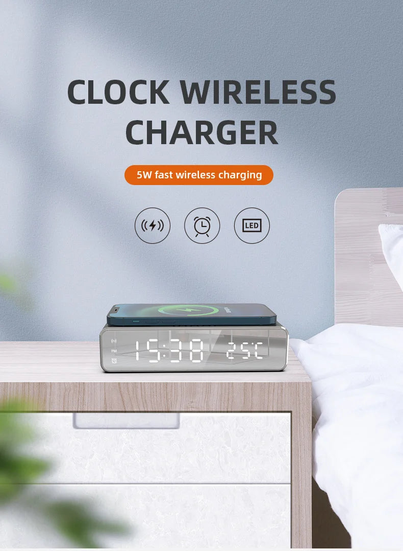 Wireless Charger Time Alarm Clock LED Digital Thermometer Earphone Phone Chargers Fast Charging Dock Station for iPhone Samsung