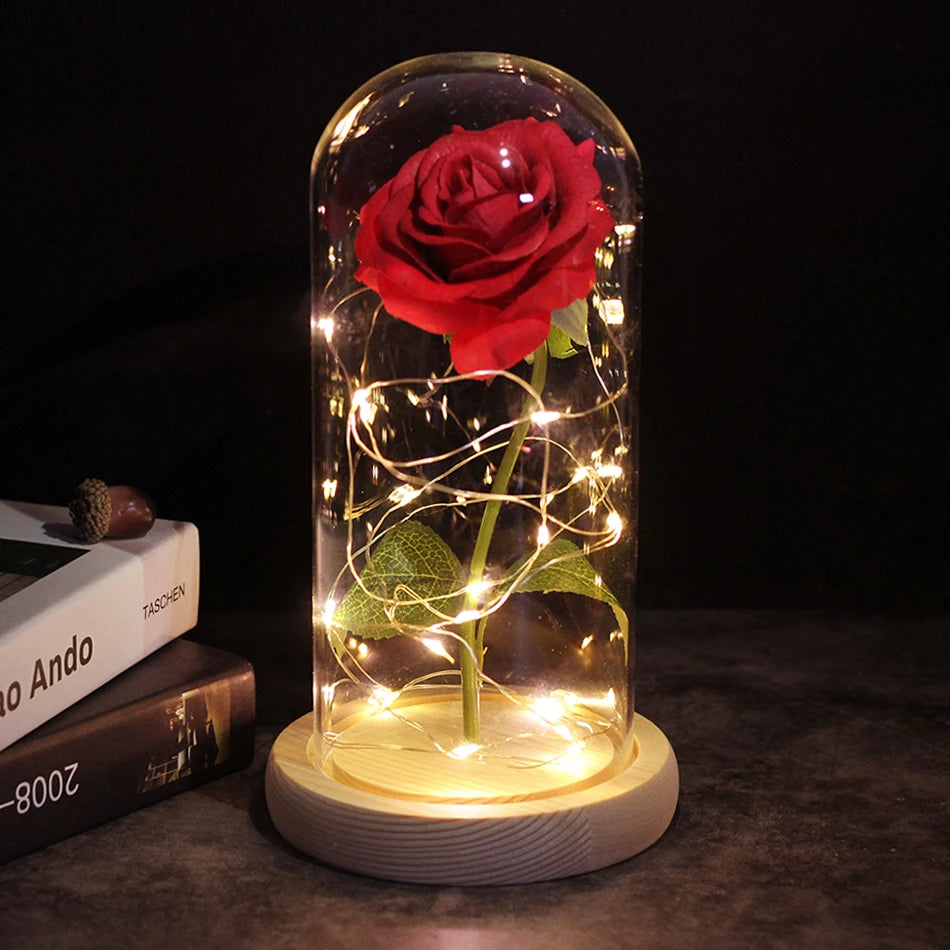 Galaxy Rose Artificial Flowers Beauty and the Beast Rose Wedding Decor Creative Valentine's Day Mother's Gift wood base red 2