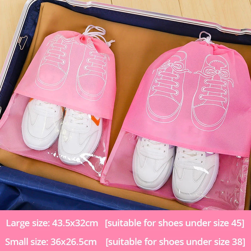 5pcs/set Shoe Storage Bag With Thickened Non-woven Fabric Strap Mouth Large Capacity Travel Waterproof Shoe Bag Moistureproof Pink 5pcs