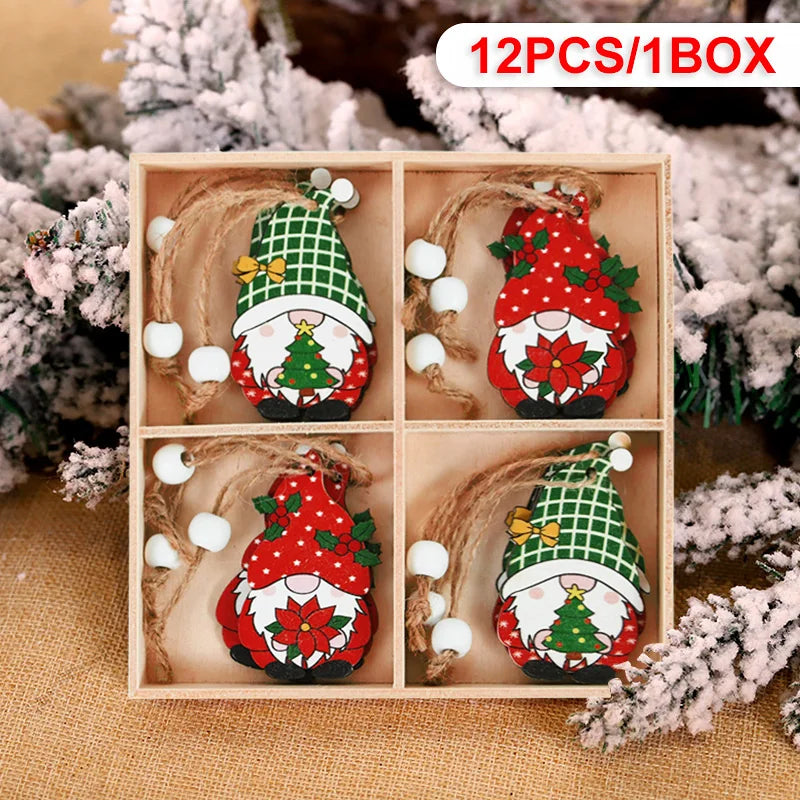 Wooden Christmas Pendant Merry Christmas Decoration for Home 2023 Navidad Xmas Tree Hanging Ornaments Kids Gifts New Year 2024 12pcs-K