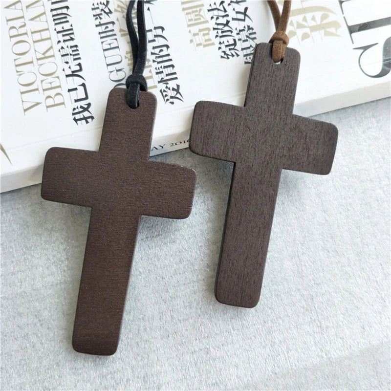 Retro Men Women Necklace with Brown/Black Rope Cross Pendant Christian Religious Natural Wooden for Children Boys Girls