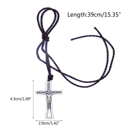 Retro Men Women Necklace with Brown/Black Rope Cross Pendant Christian Religious Natural Wooden for Children Boys Girls