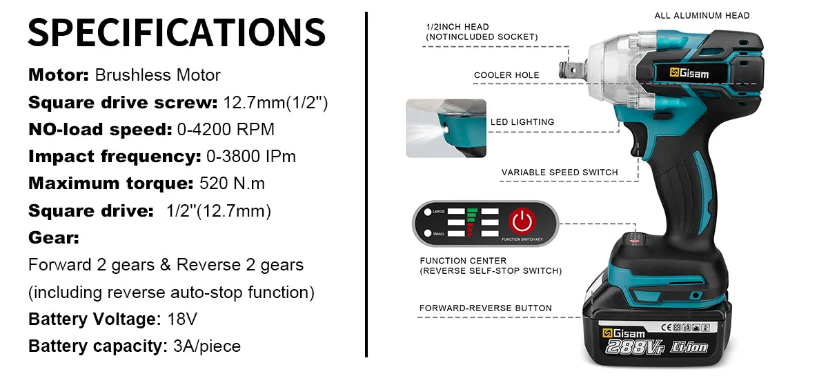 520N.M Brushless Electric Impact Wrench Cordless Electric Wrench 1/2 inch Screwdriver Socket Power Tools for Makita 18V Battery