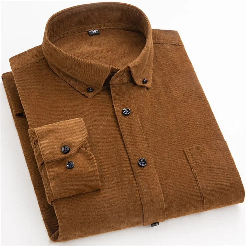 Cotton Corduroy Shirt Long Sleeve Winter Regular Fit Mens Casual Shirt Warm S~6xl Solid Men's Shirts with Pokets Autumn Quality