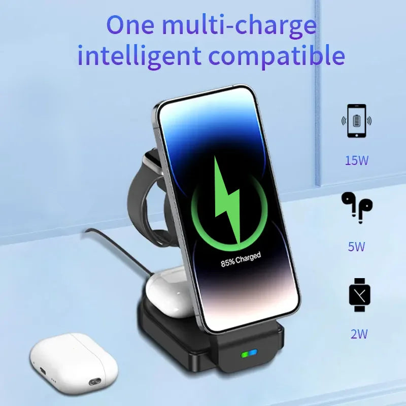 3 In 1 Magnetic Wireless Charger Stand Pad Foldable Fast Charging Station Dock For iPhone 15 14 13 12 Pro Max IWatch 8 7 Airpods