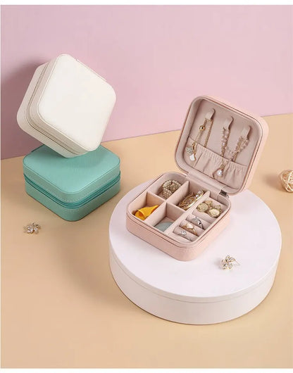 Solid Color Jewelry Organizer Leather Square Small Round Box Ring Earrings Portable Travel Jewelry Storage Bag