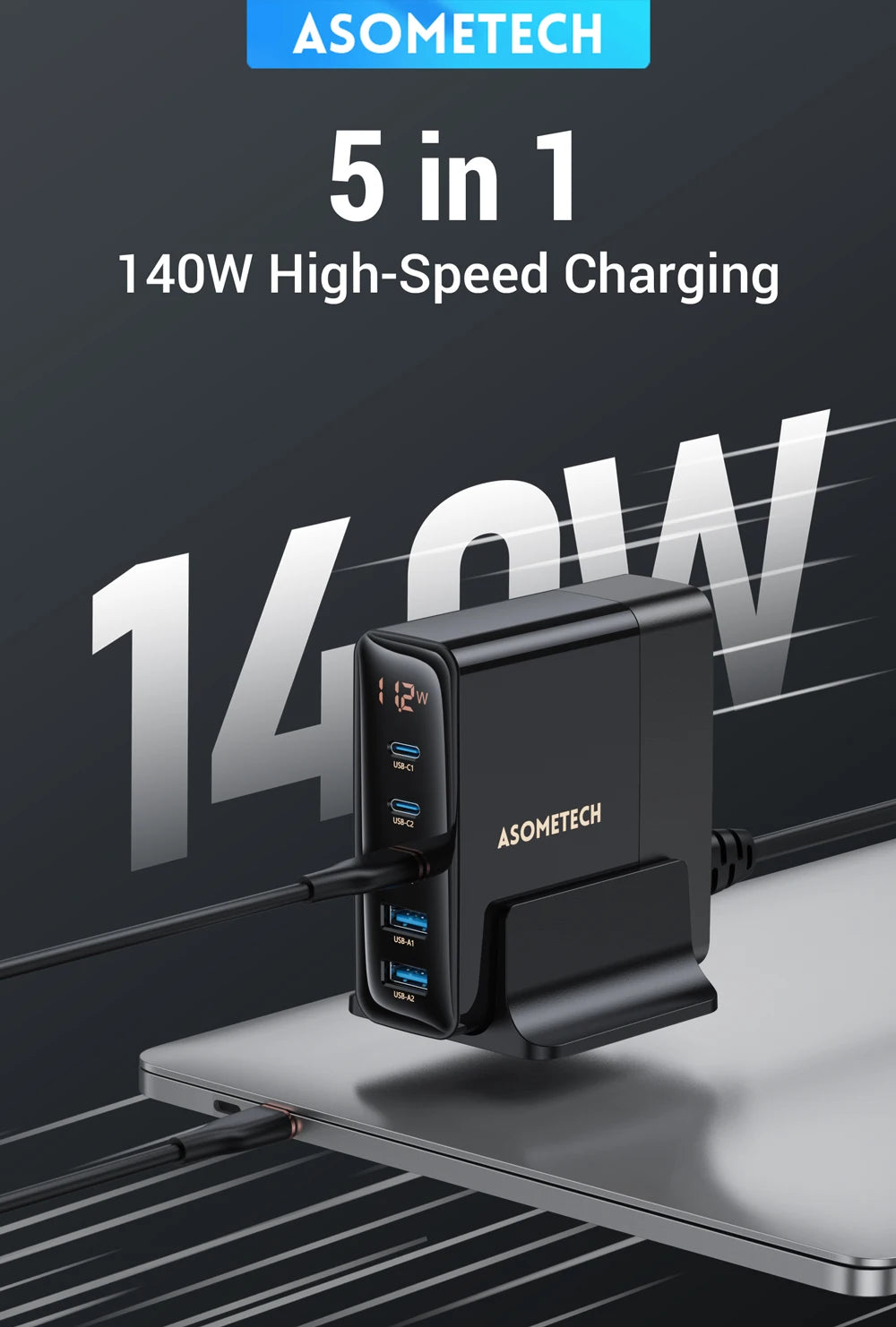 ASOMETECH 140W GaN Charger Desktop USB Charging Station 5 USB Ports PD 100W PPS USB Fast Charger For Macbook iPhone Samsung S22